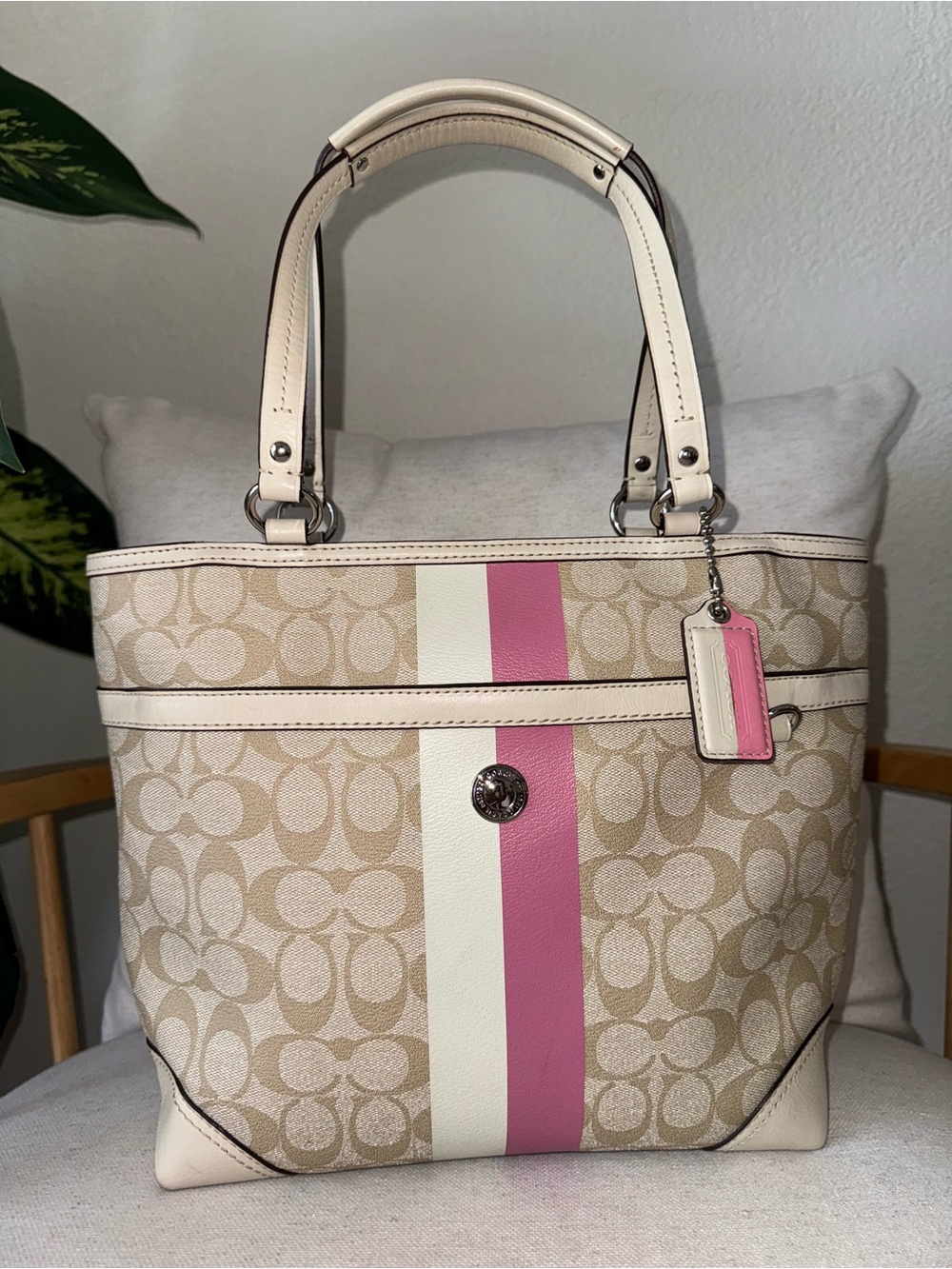 Coach Signature Heritage Signature Beige, White, Pink Striped Shoulder Tote Bag